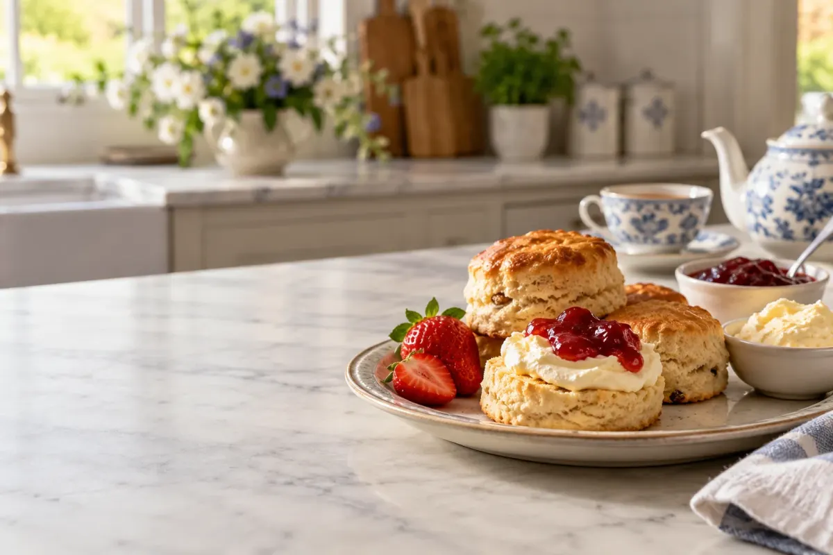 Freshly baked British scones with strawberry jam and clotted cream