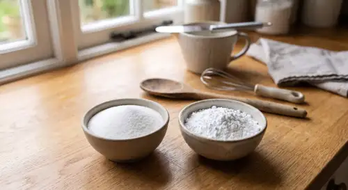 Bowls of fine caster sugar and powdery icing sugar side by side on a wooden kitchen worktop