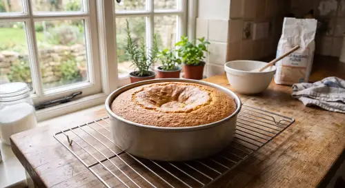 Sponge cake with a sunken centre cooling on a wire rack in a home kitchen