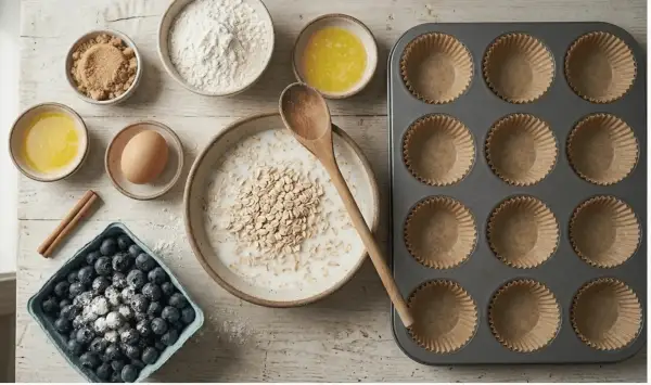 Overhead flat-lay of blueberry oatmeal muffin ingredients: rolled oats soaking in buttermilk, flour, brown sugar, melted butter, egg, cinnamon, and fresh blueberries