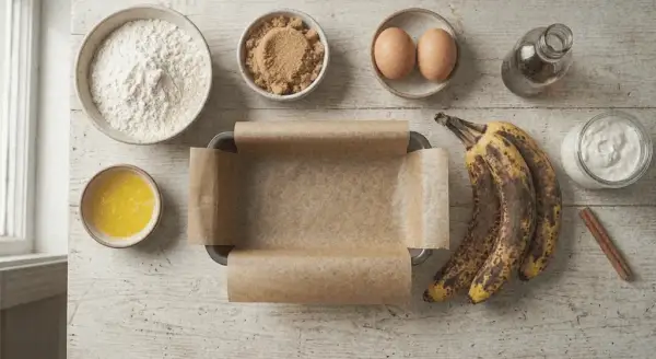 Overhead flat-lay of easy banana loaf ingredients: very ripe black-spotted bananas, brown sugar, eggs, flour, melted butter, and cinnamon