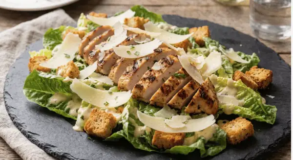 Overhead shot of chicken caesar salad on a large white platter, sliced grilled chicken fanned over romaine, parmesan shavings and croutons visible.