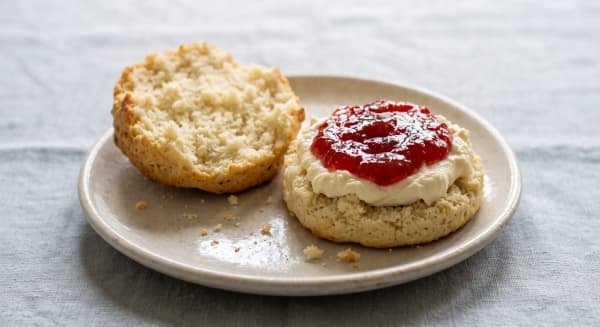 Split British scone topped with strawberry jam and clotted cream