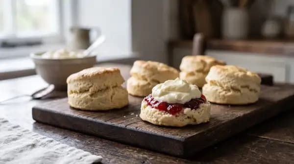 Split British scones with strawberry jam and clotted cream on a wooden board
