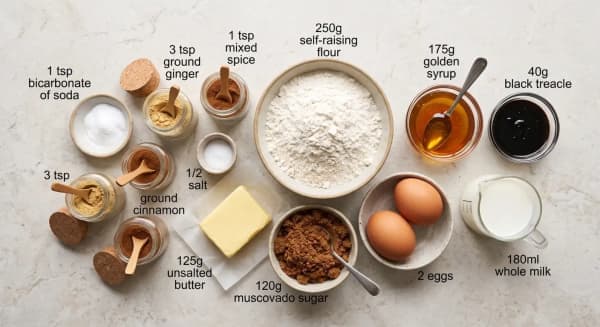 Flour, ground ginger, muscovado sugar, golden syrup, black treacle, butter, eggs and milk for British ginger cake