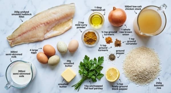 Basmati rice, undyed smoked haddock, eggs, onion, butter, milk, curry powder, turmeric, ground coriander, parsley and lemon laid out on a worktop.