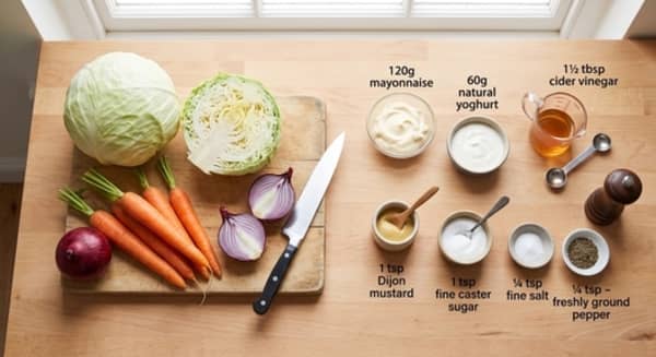 White cabbage, carrots, red onion, mayonnaise, natural yoghurt, cider vinegar and Dijon mustard arranged on a kitchen worktop.