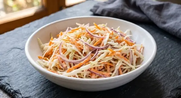 A bowl of creamy British coleslaw with finely shredded white cabbage, carrot and red onion.