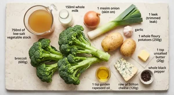 Broccoli, Stilton, potato, onion, leek, garlic, milk, vegetable stock and butter laid out on a kitchen worktop.