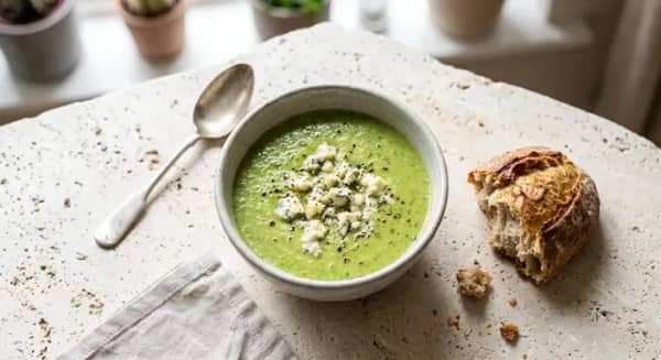 A bowl of creamy broccoli and Stilton soup beside a slice of crusty bread, garnished with Stilton and black pepper.
