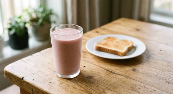 Glass of strawberry banana smoothie served beside toast for breakfast