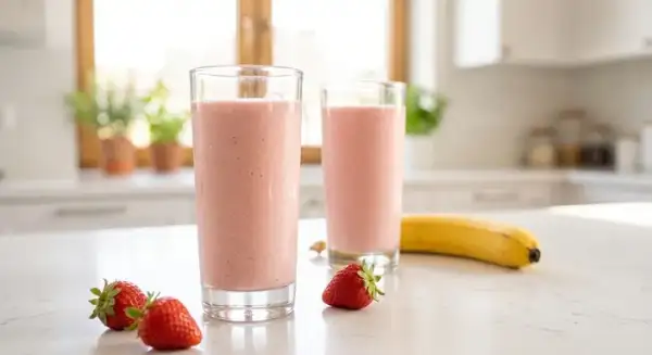 Two glasses of pale pink strawberry banana smoothie beside fresh strawberries and a banana