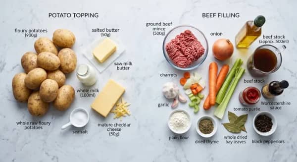 Beef mince, floury potatoes, onion, carrots, celery, beef stock and mature cheddar for cottage pie