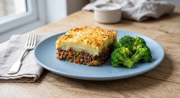 Plated cottage pie showing fluffy potato topping, thick beef filling and broccoli