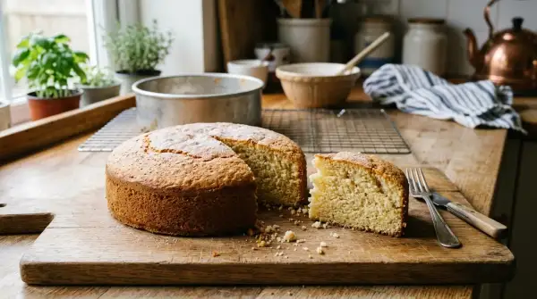 Homemade sponge cake with a cut slice showing a slightly dry and crumbly interior.