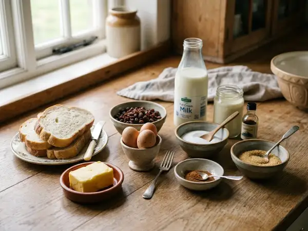 Thick sliced white bread, raisins, butter, eggs, whole milk, double cream, sugar and cinnamon for bread and butter pudding