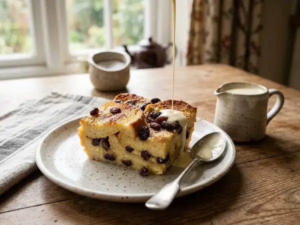 Warm slice of bread and butter pudding on a plate showing custardy layers and raisins, served with pouring cream