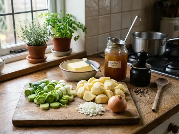 Freshly sliced trimmed leeks, peeled floury potatoes, onion, butter and vegetable stock on a wooden board