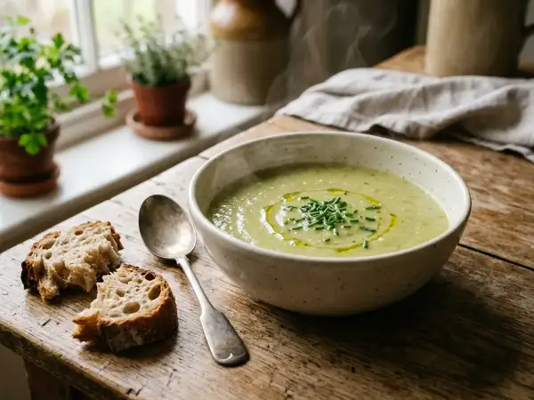 Steaming bowl of smooth leek and potato soup served with torn crusty bread on a rustic wooden table