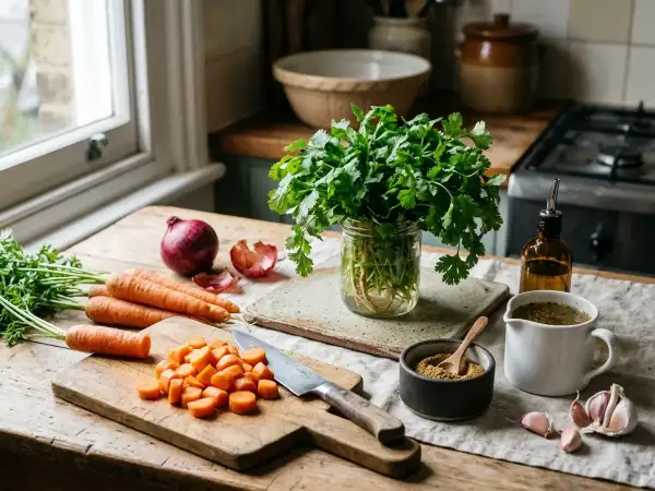 Fresh carrots, a lush bunch of fresh coriander, brown onion, garlic, ground coriander and olive oil arranged on a wooden board