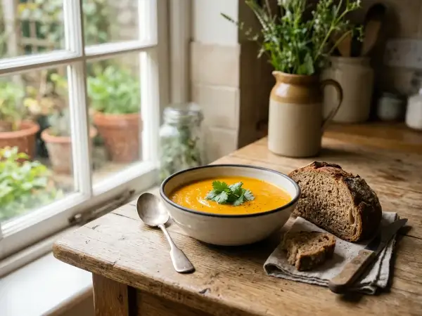 Bowl of smooth bright orange carrot and coriander soup served with thick crusty bread beside a bright window