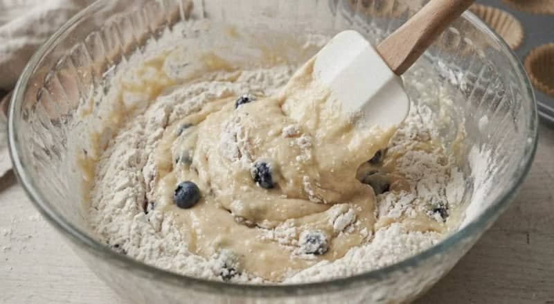 Rubber spatula gently folding muffin batter in a glass bowl with soft streaks of unmixed flour still visible