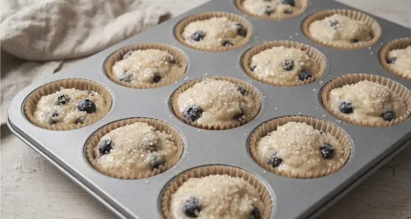 Unbaked blueberry muffin batter in paper liners sprinkled generously with coarse sparkling sugar crystals