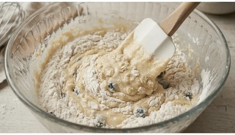 Action shot of a spatula gently folding wet oat mixture into dry flour, visible streaks of flour remaining