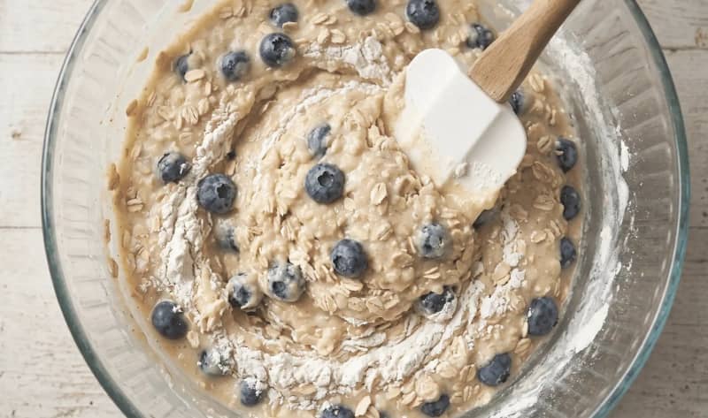 Close-up of unbaked blueberry oatmeal muffins in a tin, topped with extra rolled oats before baking
