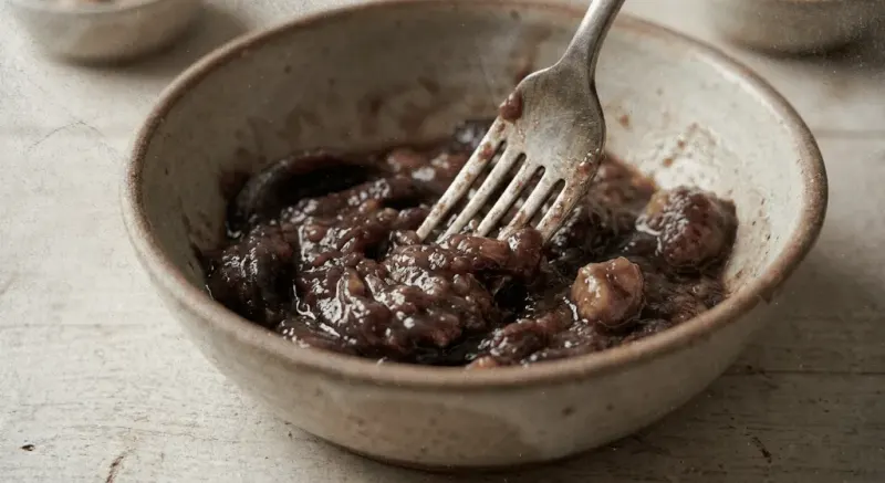 Close-up action shot of overripe black bananas being mashed with a metal fork in a ceramic bowl