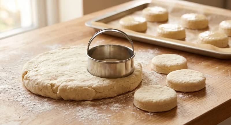 Round cutter pressed straight down through scone dough with cut rounds beside it