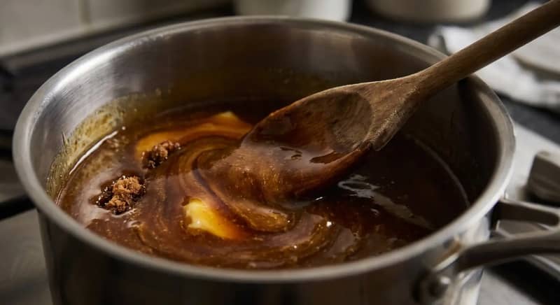 Butter, muscovado sugar, golden syrup and treacle melting gently in a saucepan