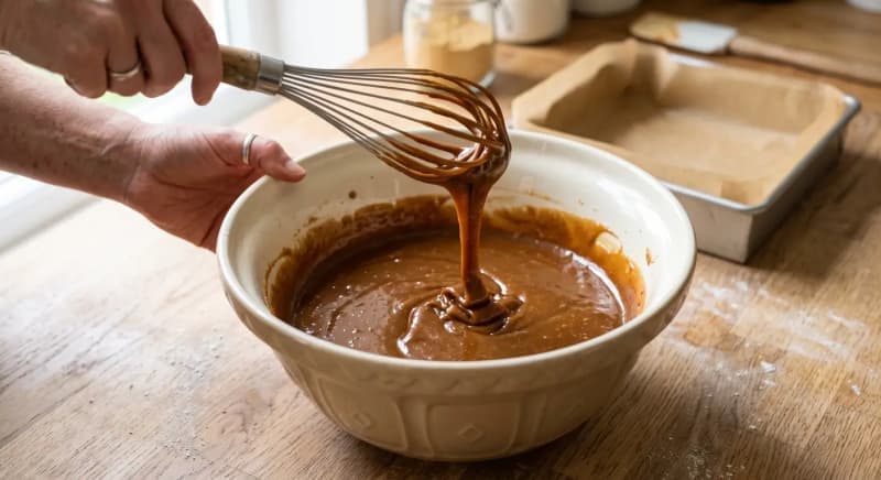 Glossy ginger cake batter being mixed in a large bowl