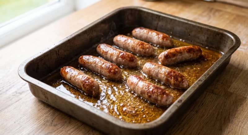 Hot browned sausages with shimmering oil in the roasting tin before batter is added