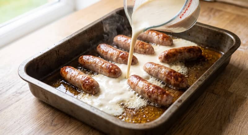 Yorkshire pudding batter freshly poured around sausages in a hot roasting tin