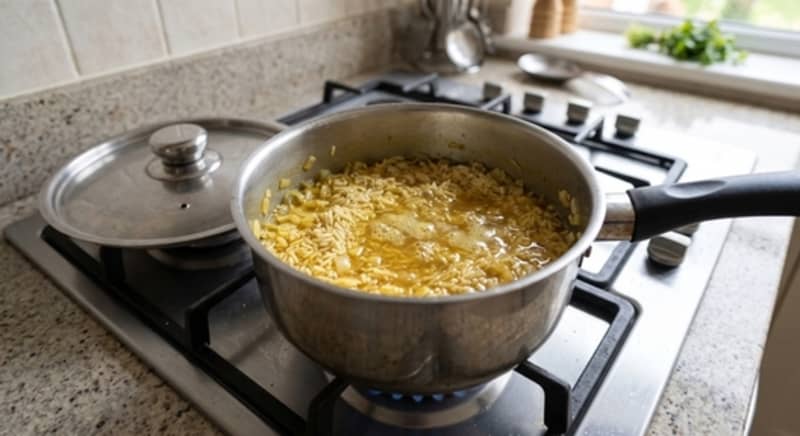 Spiced basmati rice cooking with the lid on in a covered saucepan.