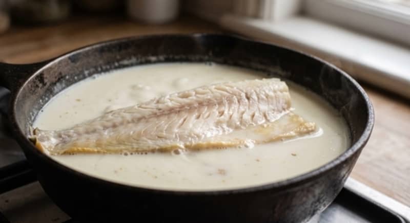 Undyed smoked haddock gently poaching in milk in a shallow pan.