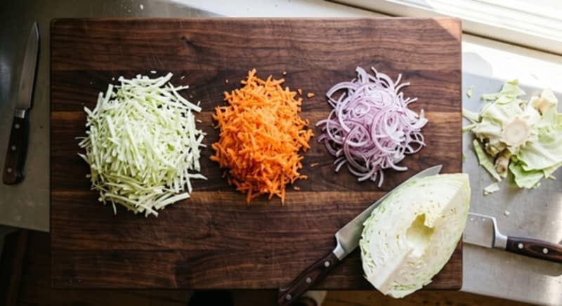 Coarsely grated carrot strips and very thinly sliced red onion prepared separately on a chopping board.