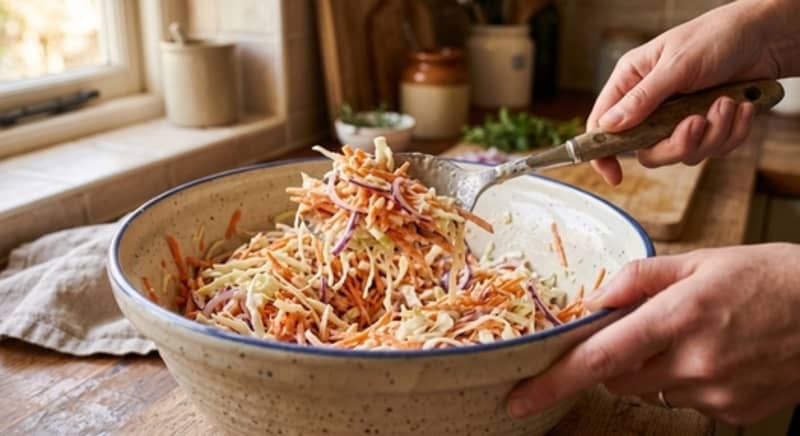 Creamy dressing being tossed gradually through shredded cabbage, carrot and onion in a large mixing bowl.