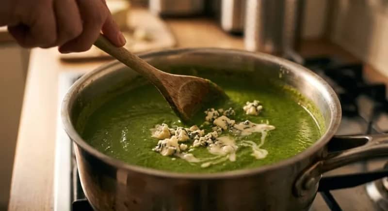 Crumbled Stilton being stirred into smooth green broccoli soup over low heat in the saucepan.