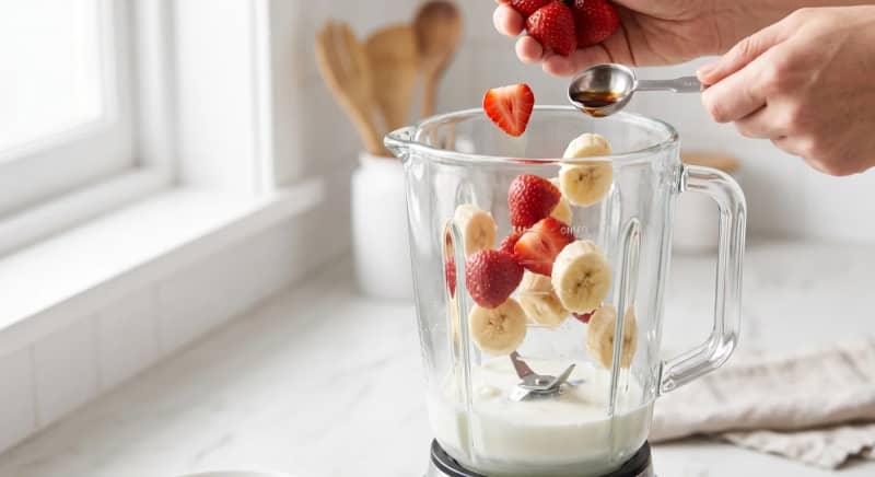 Milk and yoghurt in the blender with prepared strawberries and banana being added