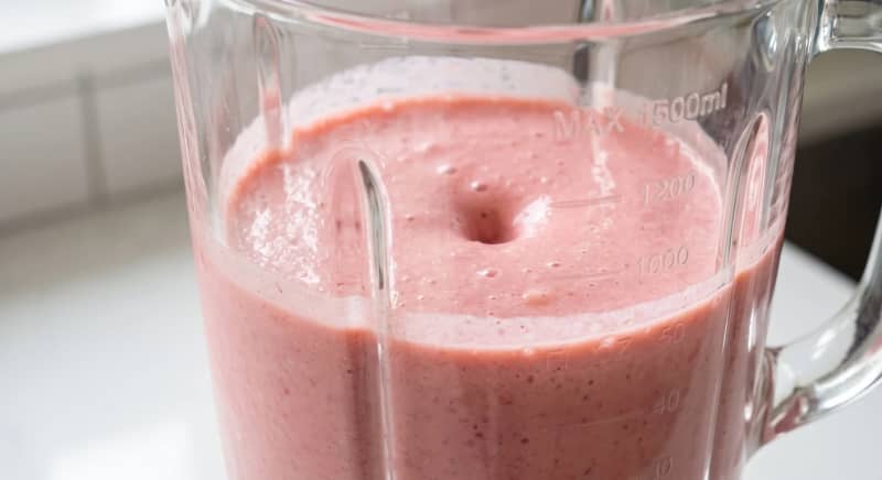 Smooth pale-pink smoothie visible inside the blender after blending