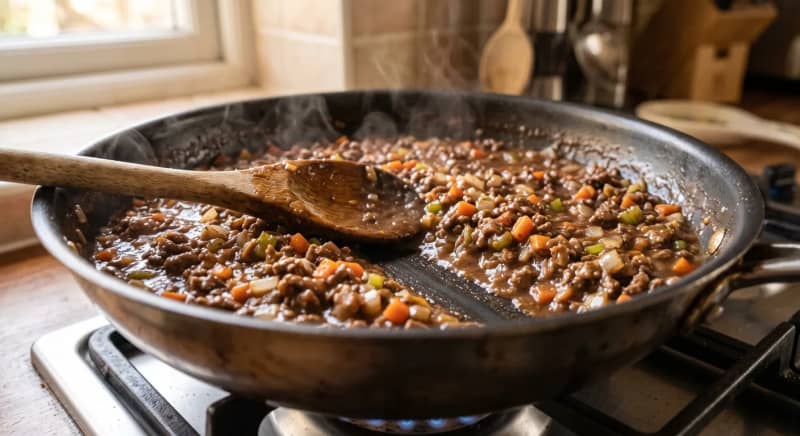 Thick beef filling simmering with gravy coating the mince and vegetables