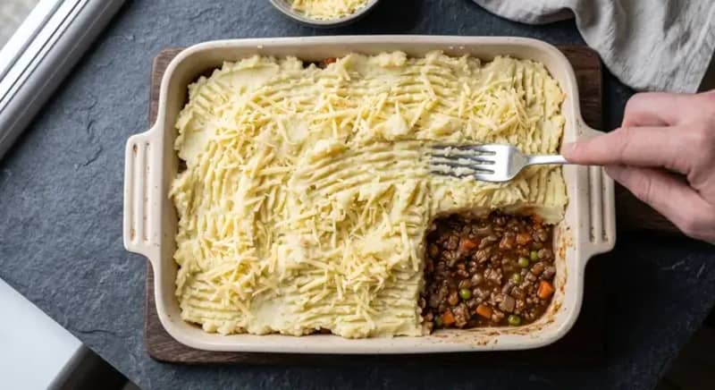 Mash being spread over beef filling and roughened with a fork before baking