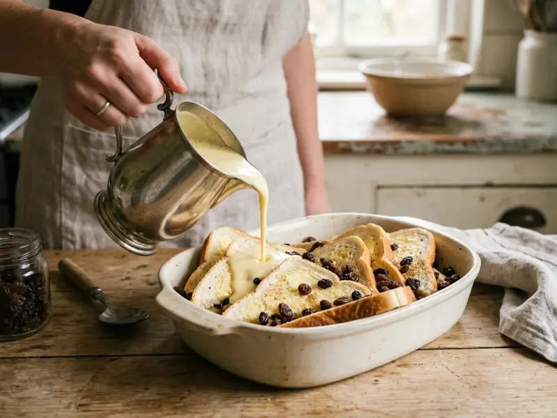 Pour custard and soak thoroughly - Step 4 for Classic Bread and Butter Pudding with Raisins