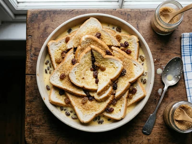 Bake until golden with a gentle wobble - Step 5 for Classic Bread and Butter Pudding with Raisins
