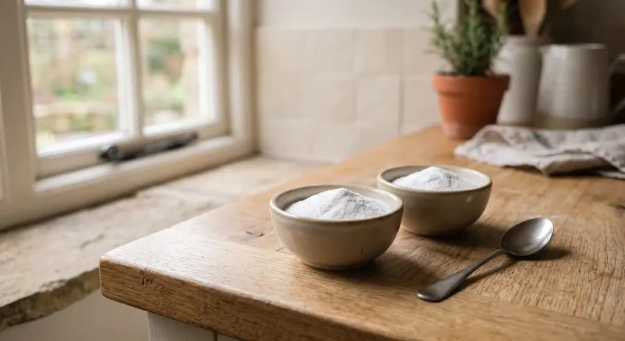 Two small bowls of white bicarbonate of soda powder on a kitchen worktop, styled for British home baking