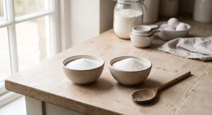 Bowls of fine caster sugar and coarser granulated sugar side by side with a wooden baking spoon