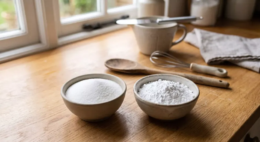 Bowls of fine caster sugar and powdery icing sugar side by side on a wooden kitchen worktop