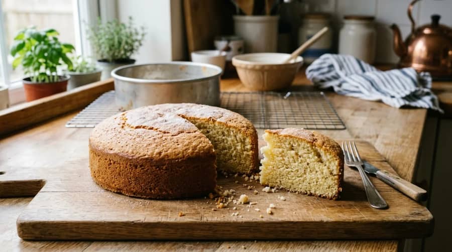 Homemade sponge cake with a cut slice showing a slightly dry and crumbly interior.